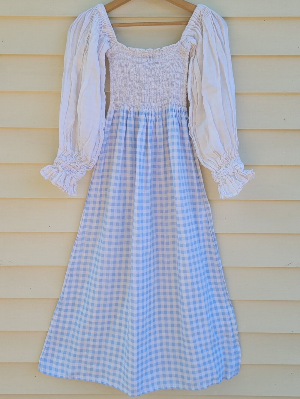 Sleeper Atlanta Gingham Smocked Linen Midi Dress in Blue & White Womens Small